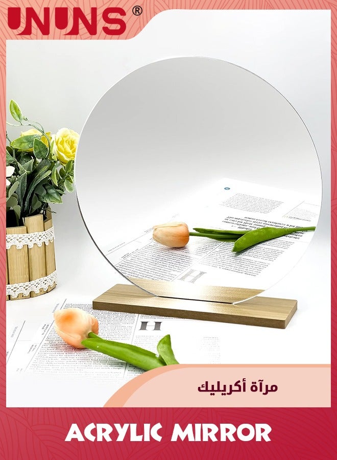 UNUNS 8''(20.5cm) Circle Shape Mirror For Room Decor,Acrylic Mirror With Wood Stand,Frameless Makeup Mirror For Desk Decor,Unique Decor For Bedroom Accessories,Round - Image 1