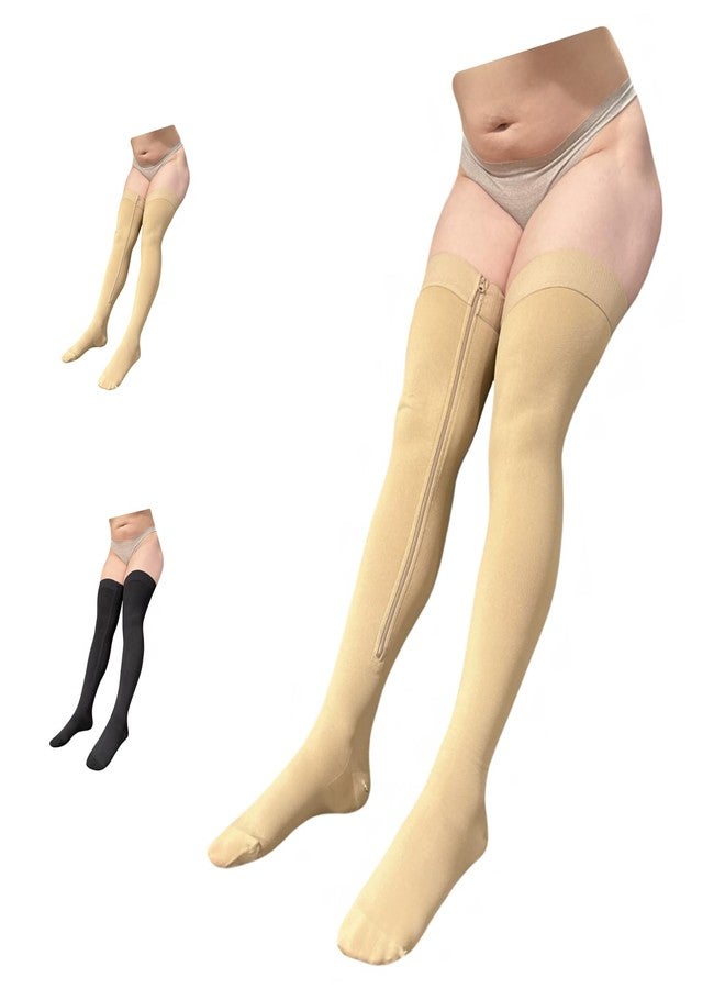 Ziperior Closed Toe Thigh High 15-20 mmHg Compression Wide Leg Inside Zipper (Small-Medium, Nude) - Image 1