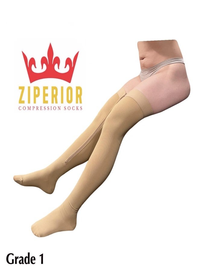Ziperior Closed Toe Thigh High 15-20 mmHg Compression Wide Leg Inside Zipper (Small-Medium, Nude) - Image 2
