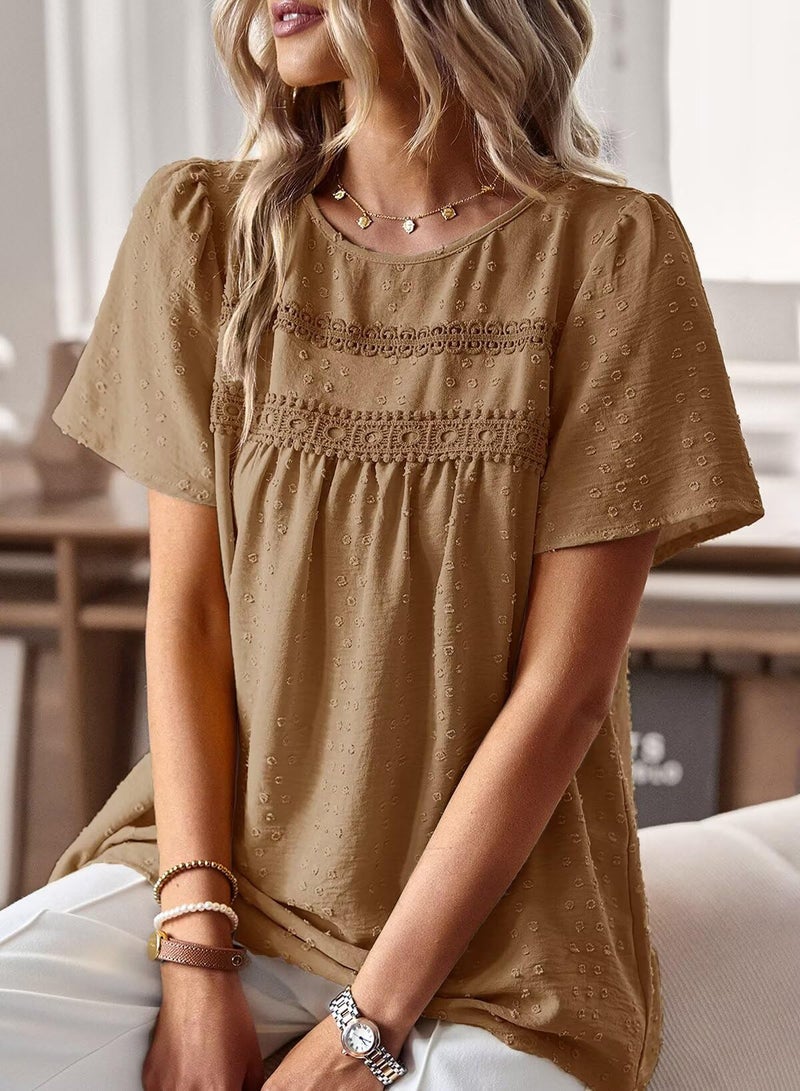 Falechay Spring Womens Tops Dressy Casual Crewneck Womens Lace Crochet Tunic Tops Short Sleeve Short Sleeve Shirts Mocha Blouses for Women Plus Size XL - Image 2