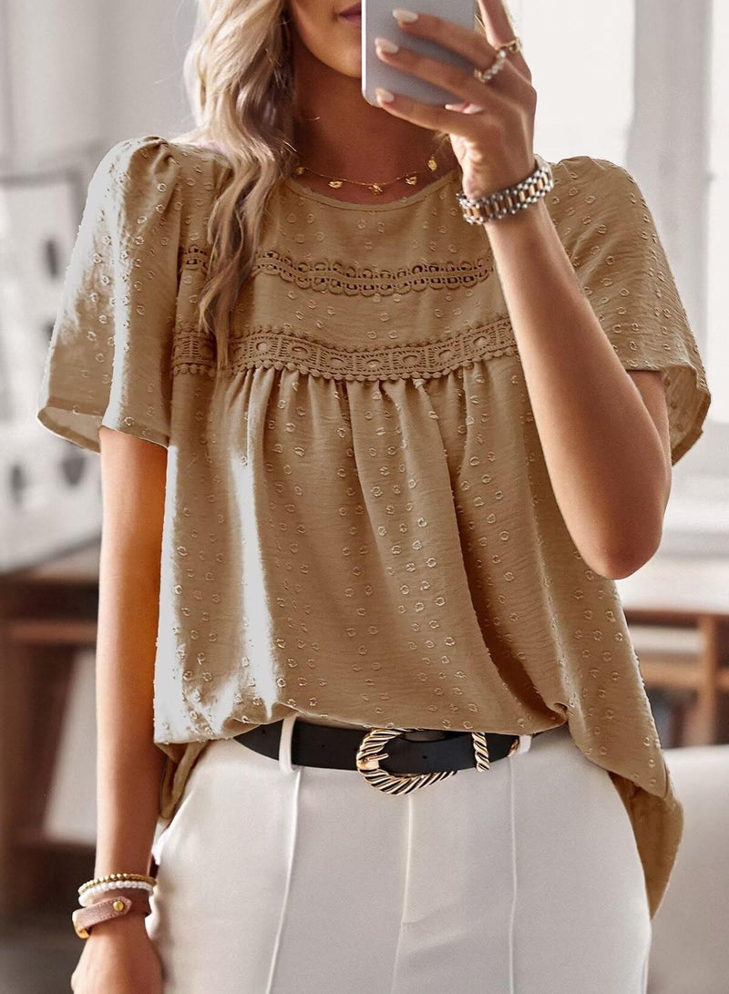 Falechay Spring Womens Tops Dressy Casual Crewneck Womens Lace Crochet Tunic Tops Short Sleeve Short Sleeve Shirts Mocha Blouses for Women Plus Size XL - Image 4