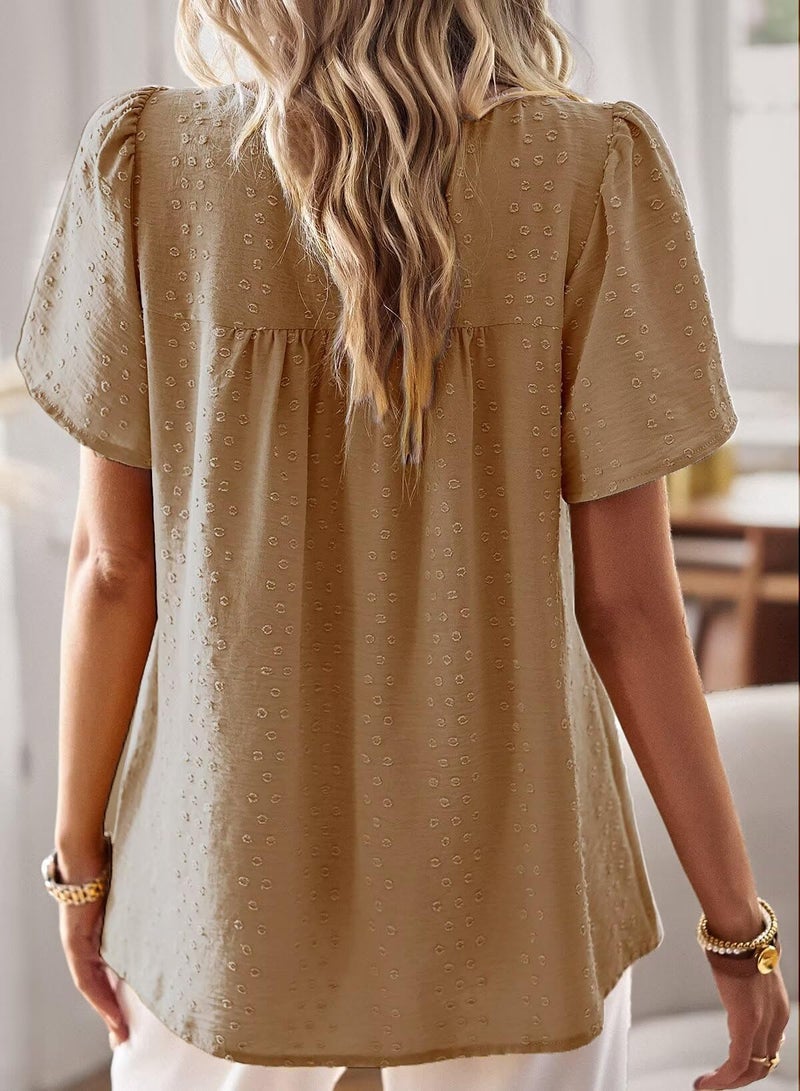Falechay Spring Womens Tops Dressy Casual Crewneck Womens Lace Crochet Tunic Tops Short Sleeve Short Sleeve Shirts Mocha Blouses for Women Plus Size XL - Image 3