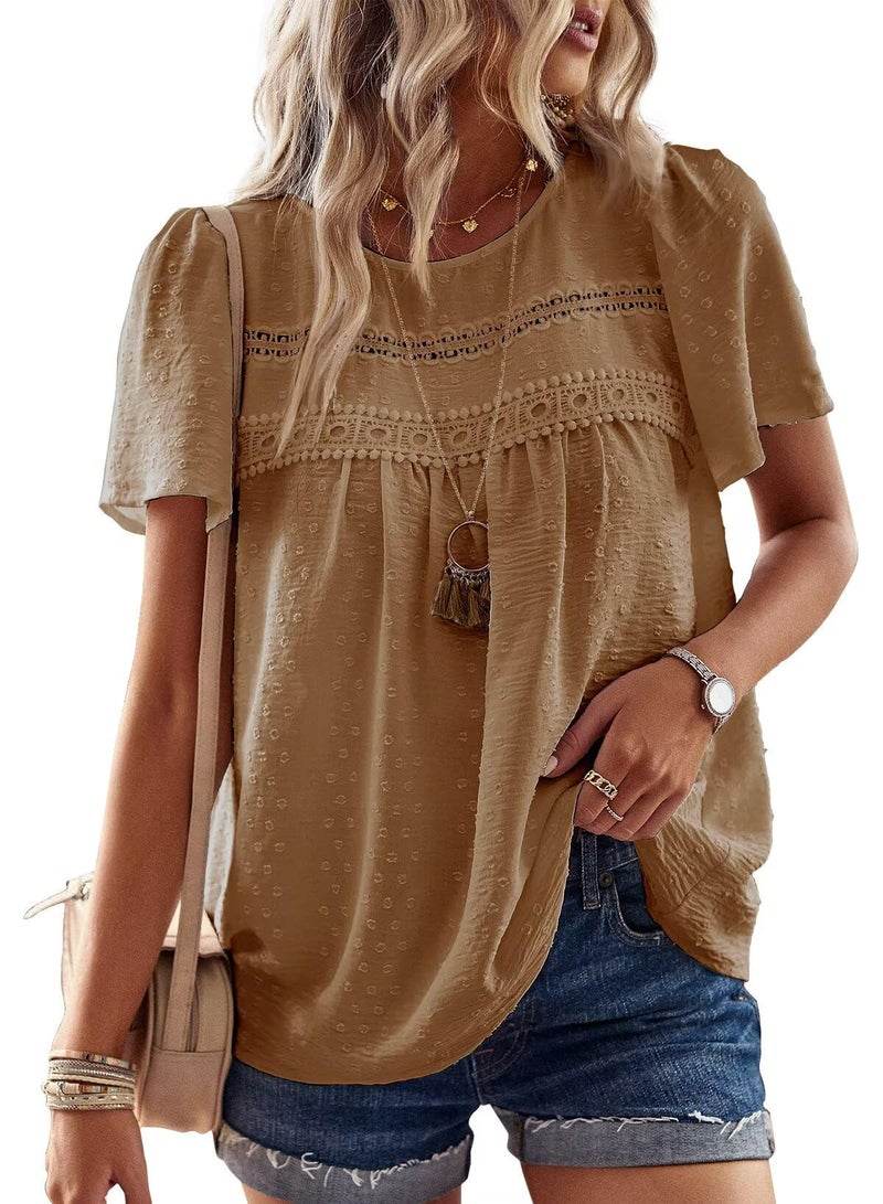 Falechay Spring Womens Tops Dressy Casual Crewneck Womens Lace Crochet Tunic Tops Short Sleeve Short Sleeve Shirts Mocha Blouses for Women Plus Size XL - Image 1