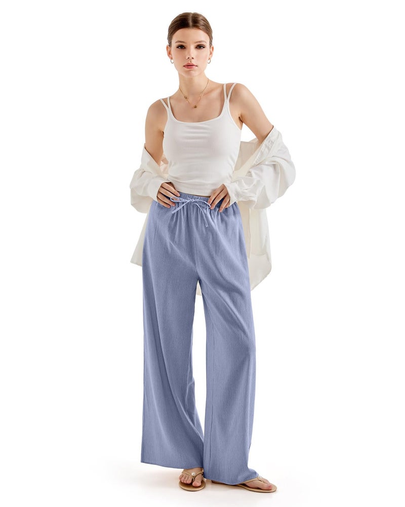 SUUKSESS Women Wide Leg Flowy Linen Pant with Pockets High Waisted Casual Lounge Palazzo Pant (Striped Blue, S) - Image 5