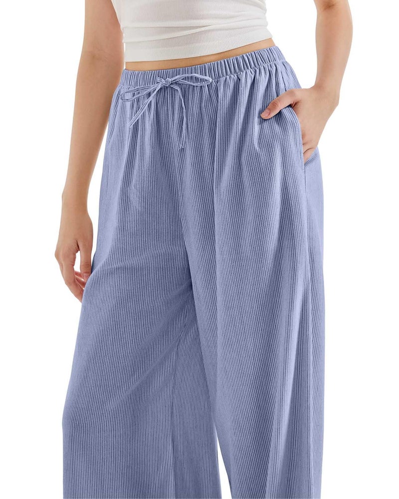 SUUKSESS Women Wide Leg Flowy Linen Pant with Pockets High Waisted Casual Lounge Palazzo Pant (Striped Blue, S) - Image 3