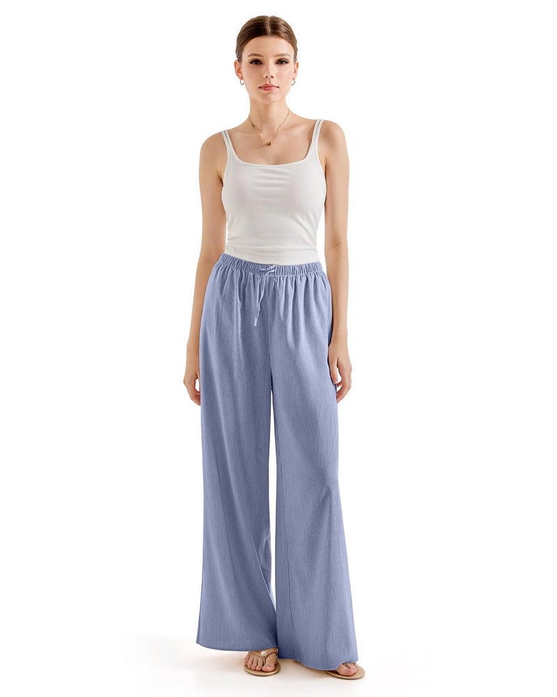 SUUKSESS Women Wide Leg Flowy Linen Pant with Pockets High Waisted Casual Lounge Palazzo Pant (Striped Blue, S) - Image 4