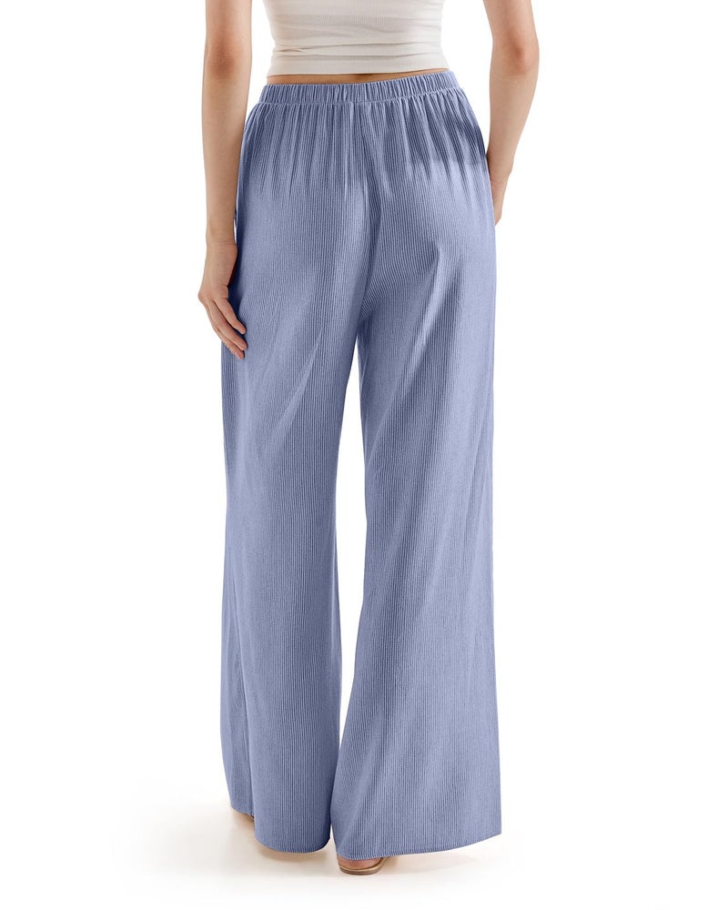 SUUKSESS Women Wide Leg Flowy Linen Pant with Pockets High Waisted Casual Lounge Palazzo Pant (Striped Blue, S) - Image 2
