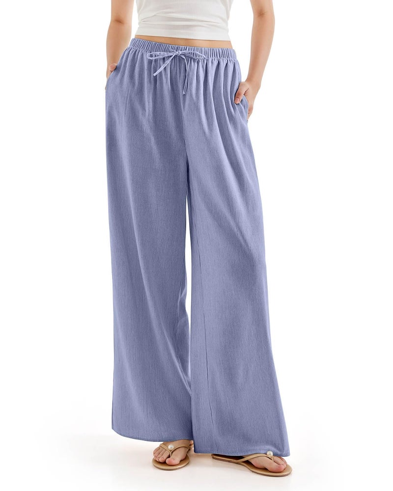 SUUKSESS Women Wide Leg Flowy Linen Pant with Pockets High Waisted Casual Lounge Palazzo Pant (Striped Blue, S) - Image 1