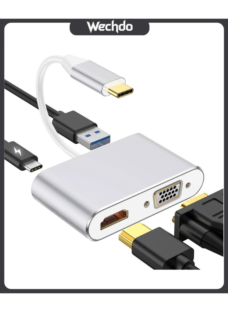 محول 4 في 1 من Type-C إلى HDTV وVGA، محول متعدد المنافذ بدقة 4K UHD مع منفذ USB 3.0 ومنفذ USB-C للشحن (Power Delivery)، متوافق مع أجهزة MacBook وأجهزة الكمبيوتر المحمولة والهواتف - فضي
