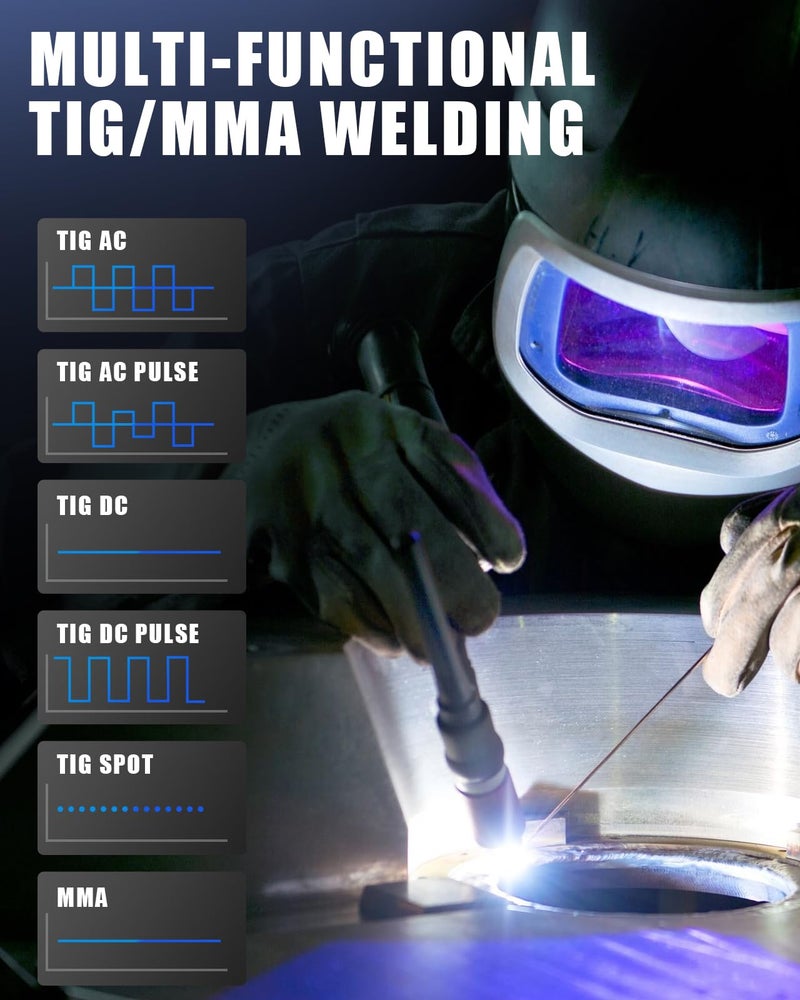 AZZUNO AC/DC TIG Welder 200A with Pulse, 110V/220V Aluminum TIG Welding Machine, ACDC TIG/PULSE TIG/SPOT TIG/Stick Welder Machine - Image 5