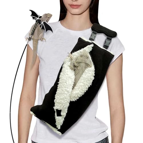 WATFOON Adjustable Fluffy Bearded Dragon Sling Carrier Bag Reptile Carrier with Leash Harness Lizard Cage Accessories for Small Animal Ferrets Squirrel HamstersParrot Black - Image 1