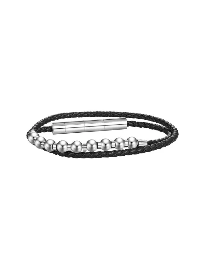 بوليس Kingpins Bracelet for Men Stainless Steel Beads with Black LeatherPEAGB0005443