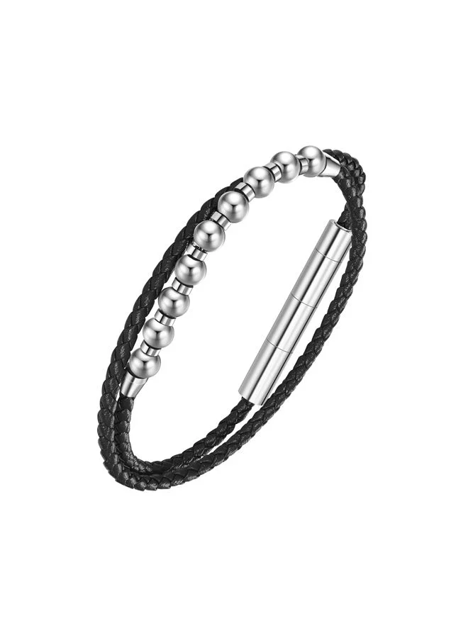 بوليس Kingpins Bracelet for Men Stainless Steel Beads with Black LeatherPEAGB0005443