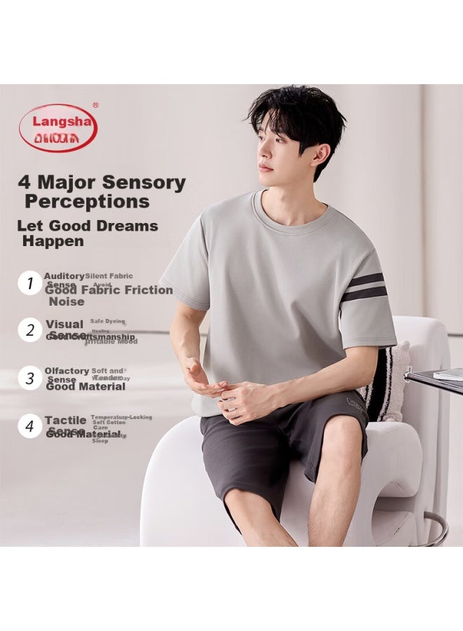 LANG SHA Langsha Pure Cotton Men's Short Sleeve Pajama Set 10a Antibacterial Spring  New Casual Homewear Outerwear Dark Gray - Image 1