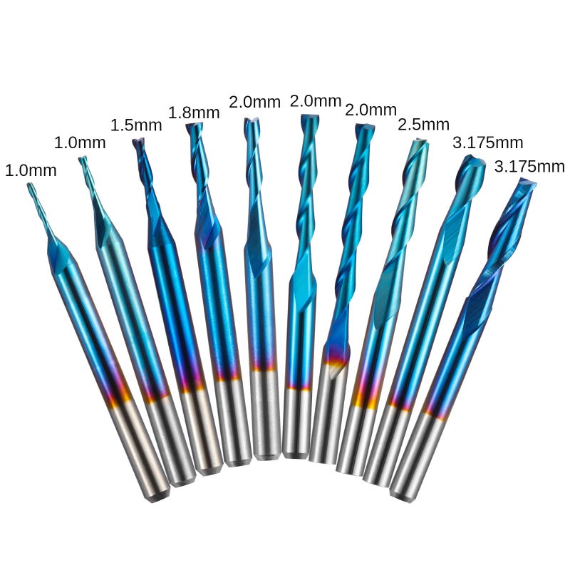 Genmitsu 10pcs 2-Flute Nano Blue Coat Flat Nose Spiral End Mill, 1/8'' Shank, 1.0mm-3.175mm Cutting Diameter, CNC Router Bits for Wood Working Acrylic MDF PVC ABS, FN10A - Image 3