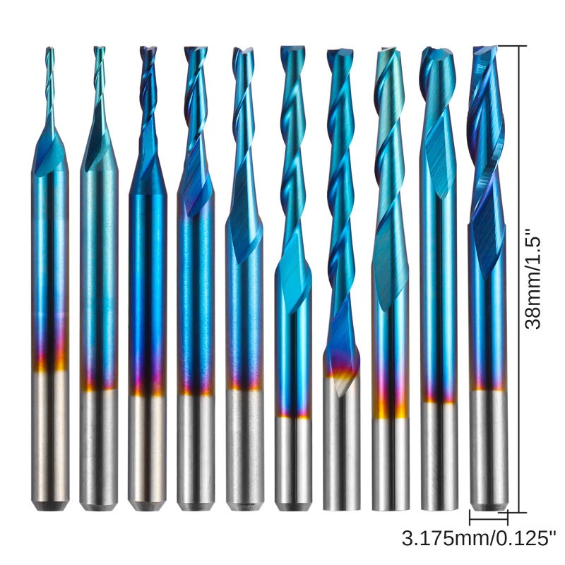 Genmitsu 10pcs 2-Flute Nano Blue Coat Flat Nose Spiral End Mill, 1/8'' Shank, 1.0mm-3.175mm Cutting Diameter, CNC Router Bits for Wood Working Acrylic MDF PVC ABS, FN10A - Image 4