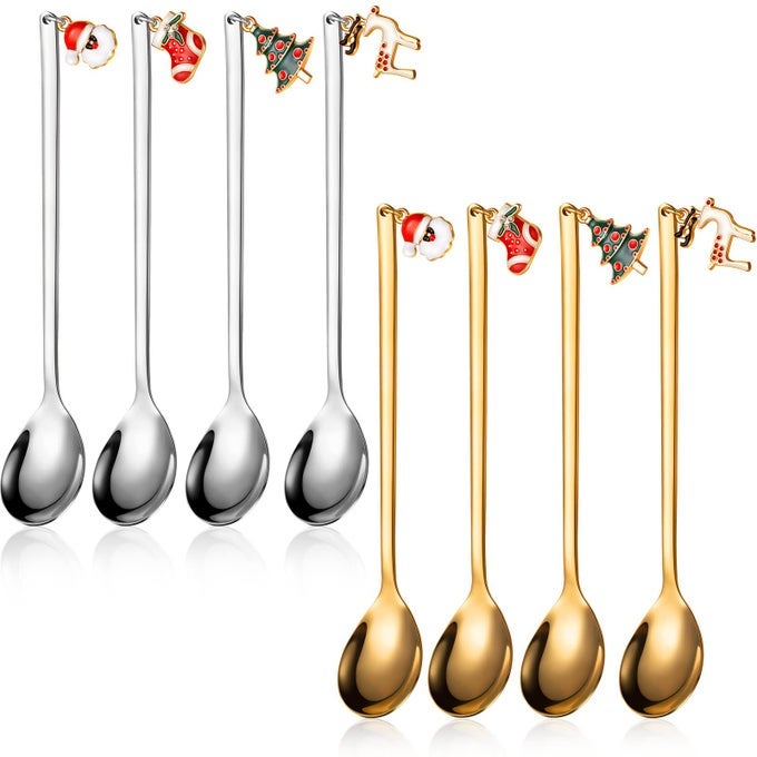 8 PCS CHRISTMAS SPOONS STAINLESS STEEL TEA COFFEE CHRISTMAS STIRRERS SPOONS GOLD AND SILVER TEA DESSERT STIRRERS FOR CAKE SOUP CANDY MIXING BAKING MARSHMALLOW COCOA BAR SUPPLIES