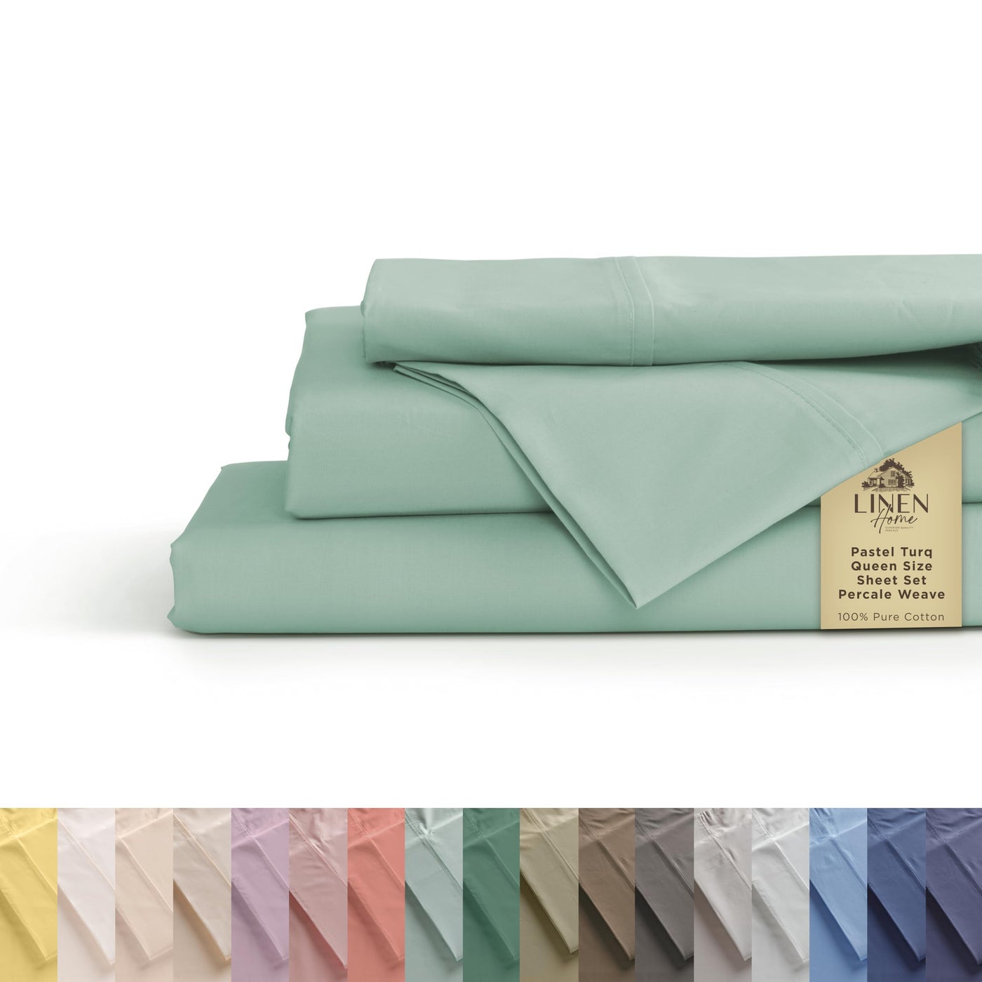 Linen Home 100% Cotton Percale Sheets Queen Size, Pastel Turk, Deep Pocket, 4 Pieces Set - 1 Flat, 1 Deep Pocket Fitted Sheet and 2 Pillowcases, Crisp Cool and Strong Bed Linen
