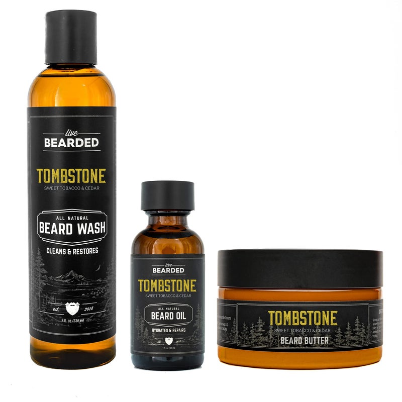 Live Bearded 3Step Beard Grooming Kit  Wash Oil and Butter  Made in the USA  AllNatural Ingredients with Shea Jojoba  Growth Support  Tombstone Scent  Sweet Tobacco Cedar