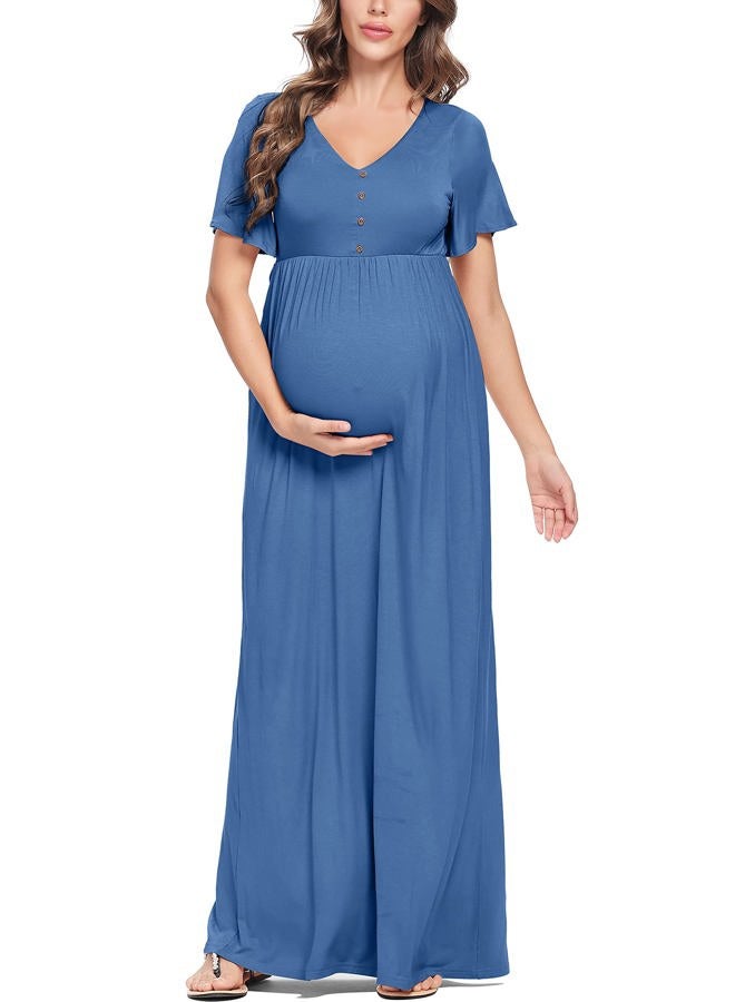Peauty Button Down Maternity Dress Ruffle Short Sleeve Maxi Dress Baby Shower Maternity Photoshoot Casual, Indigo Without Pockets, XL - Image 4