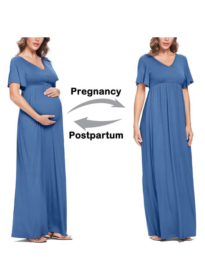 Peauty Button Down Maternity Dress Ruffle Short Sleeve Maxi Dress Baby Shower Maternity Photoshoot Casual, Indigo Without Pockets, XL - Image 5