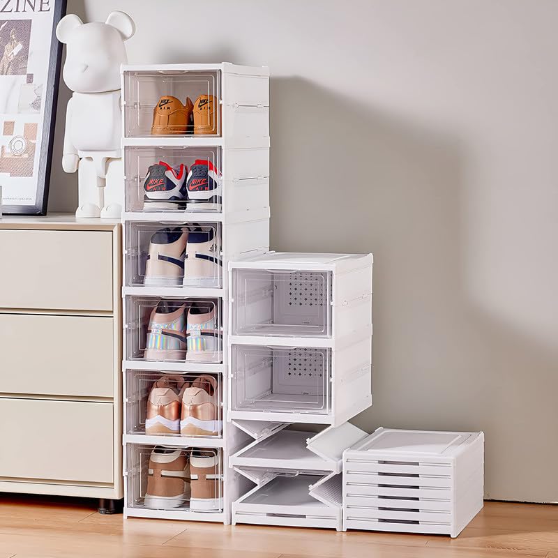 KWER Drop Front Shoe Organizer Storage Box No Assembly Stackable Shoe Storage Bins with Clear Door Free Standing Shoe Shelf Cabinet with Lids Plastic Shoe Rack for Closet Entryway 3Tier - Image 4