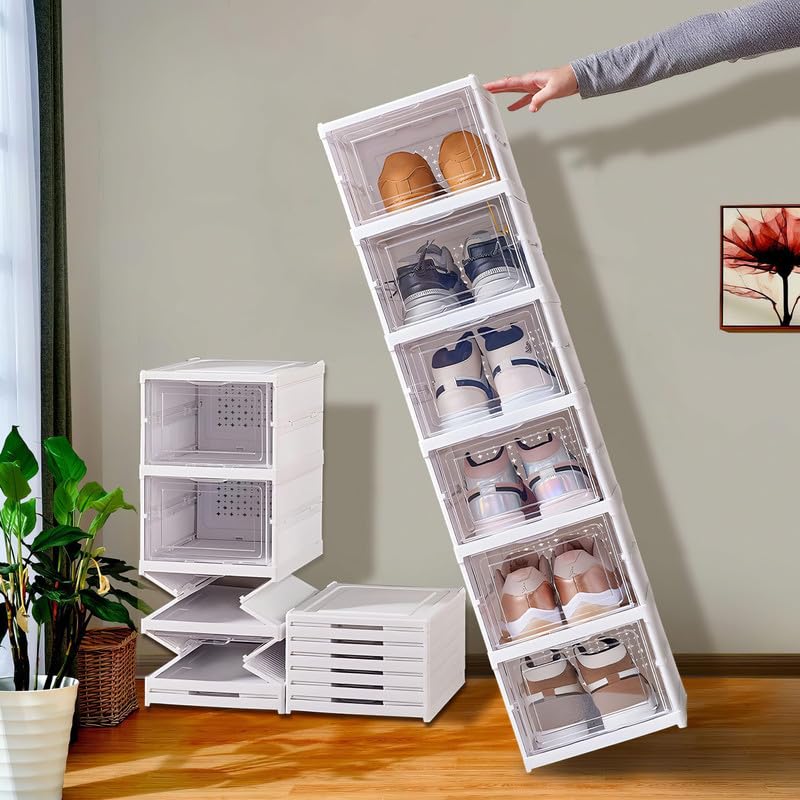 KWER Drop Front Shoe Organizer Storage Box No Assembly Stackable Shoe Storage Bins with Clear Door Free Standing Shoe Shelf Cabinet with Lids Plastic Shoe Rack for Closet Entryway 3Tier - Image 3