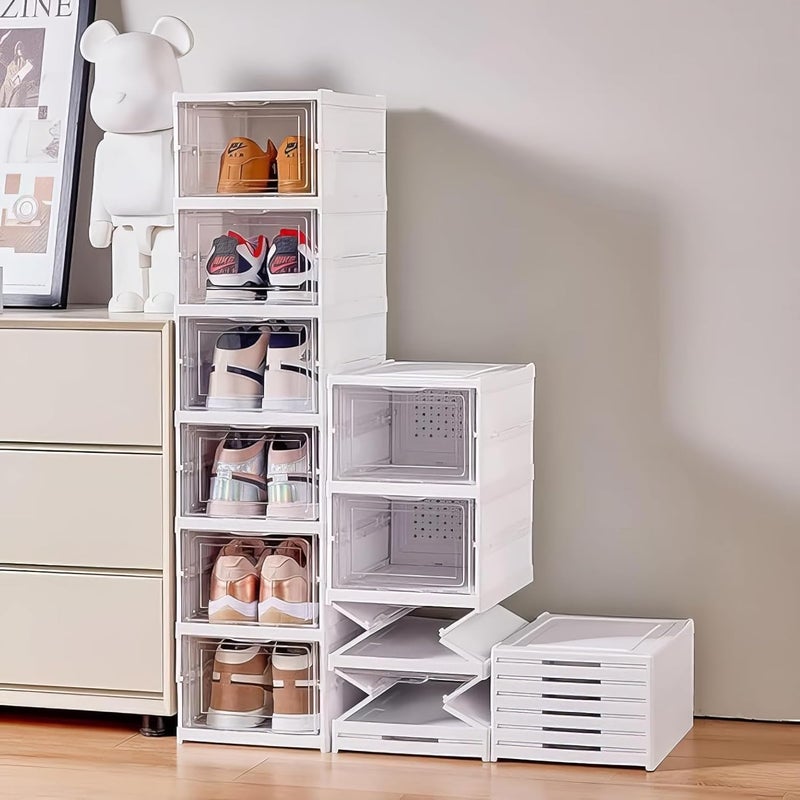 KWER Drop Front Shoe Organizer Storage Box No Assembly Stackable Shoe Storage Bins with Clear Door Free Standing Shoe Shelf Cabinet with Lids Plastic Shoe Rack for Closet Entryway 3Tier - Image 1