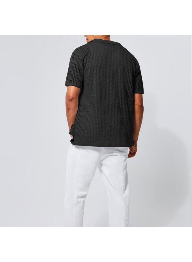 NIBEMINENT Men's Knitted Short Sleeve Shirt Summer Cool Hollow Out Cardigan Casual Lapel Tops Solid All-match Knit T-shirt Male - Image 2