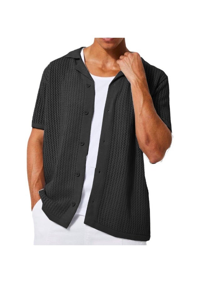 NIBEMINENT Men's Knitted Short Sleeve Shirt Summer Cool Hollow Out Cardigan Casual Lapel Tops Solid All-match Knit T-shirt Male - Image 1