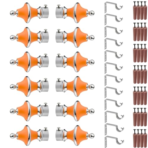 GRIVAN Stainless Steel & ABS Curtain Bracket Parda Holder with Support 1 Inch Rod Pocket Finials Designer Door and Window Rod Support Fittings, Curtain Rod Holder (Pair of 6, Orange ) - Image 1