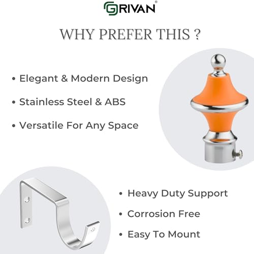 GRIVAN Stainless Steel & ABS Curtain Bracket Parda Holder with Support 1 Inch Rod Pocket Finials Designer Door and Window Rod Support Fittings, Curtain Rod Holder (Pair of 6, Orange ) - Image 4