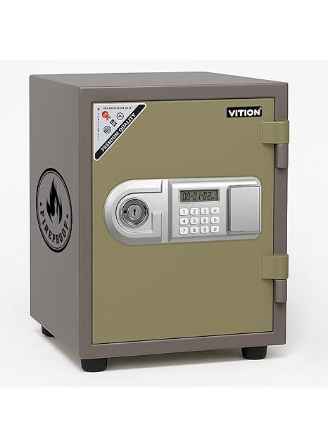 VITION Fireproof Safe Box with Dual Digital Keypad & Key Lock for Passport Cash Jewelries Home Office (Size 45x34.4x35cm, 42kg) Grey/Green - Image 1