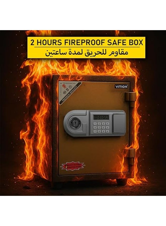 VITION Fireproof Safe Box with Dual Digital Keypad & Key Lock for Passport Cash Jewelries Home Office (Size 45x34.4x35cm, 42kg) Grey/Green - Image 2
