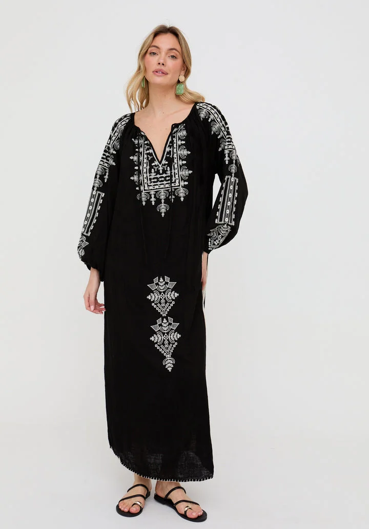 رافاي Aurelia Kaftan Style Embroidered Maxi Dress In Black