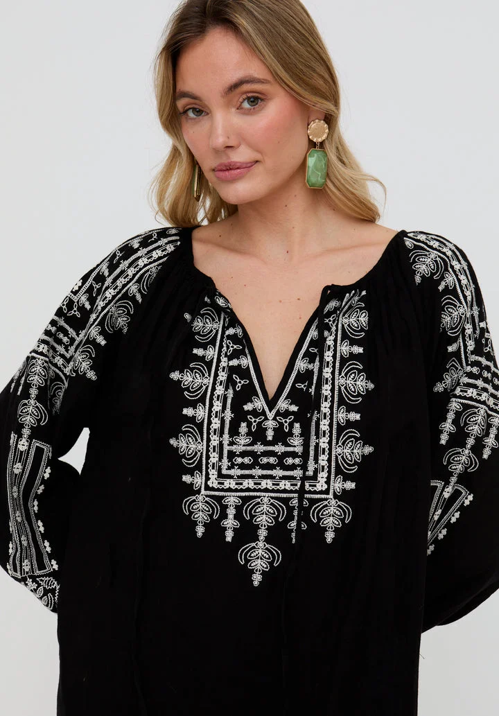 رافاي Aurelia Kaftan Style Embroidered Maxi Dress In Black