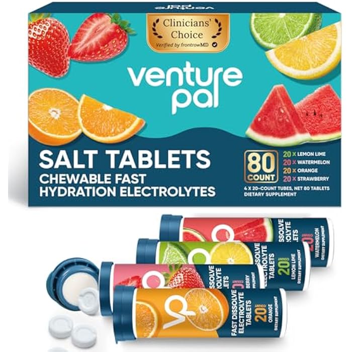 Venture Pal Chewable Electrolyte Tablets, 80 Count Fast-Dissolve Sugar-Free Stick Salt Tablets - Variety Pack for Rapid Hydration, Outdoor Running, Hiking, Sports | Keto & Vegan Friendly | 4 Pack - Image 1