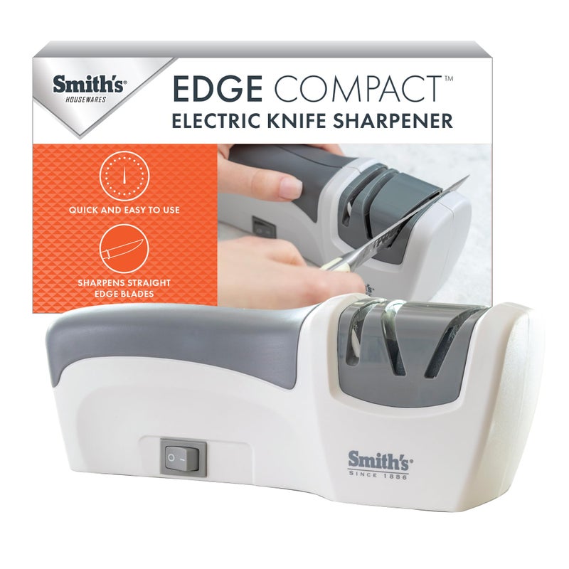 Smith's Smiths 50097 Compact Electric Knife Sharpener  White  Grey  Kitchen Knife 2 Stage Sharpener  Electric  Manual  Blade Guide  Quick Sharpening  Polishing  Straight Edge Blades  Handheld 