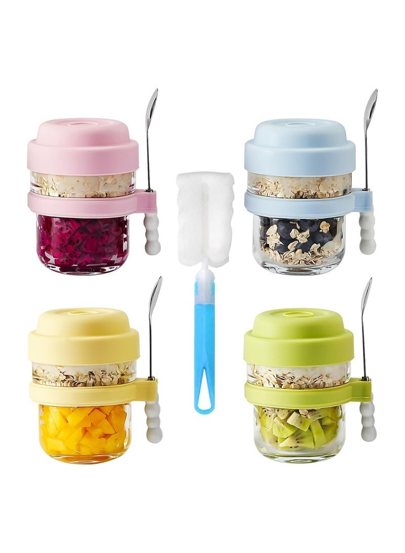 general 4-Pack 15-Ounce Glass Cereal Jars with Lids, Overnight Oats Containers with Spoons, Overnight Oats or Yogurt Cereal Jars, Colorful 4-Piece Set (Pink, Blue, Yellow, and Green) with Brushes - Image 1