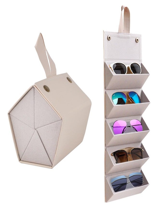 Kenpal Sunglasses Storage Organizer Holder Foldable Travel Case with 5 Slot Compartments for Multiple Glasses (Beige) - Image 1