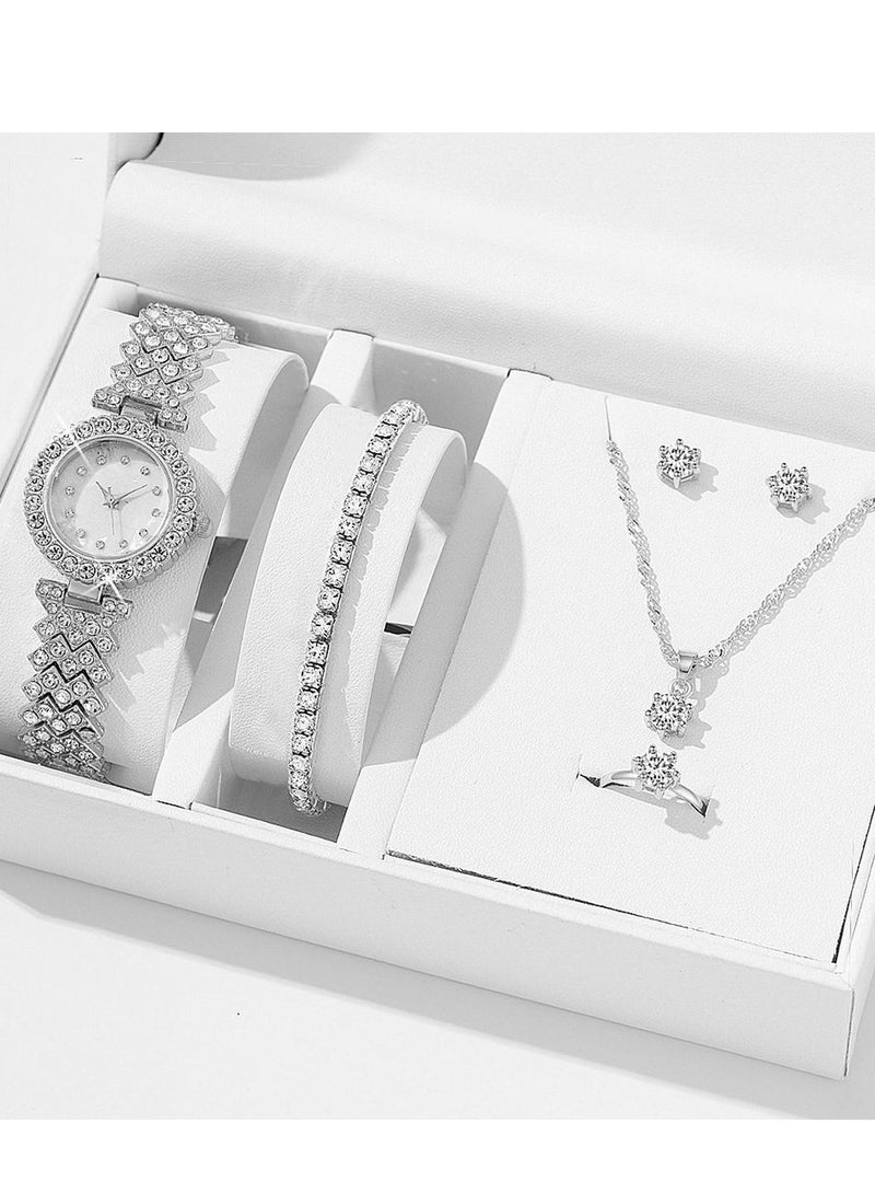 5pcs Rhinestone Watch Set Shiny Quartz Crystal Wrist Watch Luxury Diamond Shining Bling Watches with Stainless Steel Bracelet Gift for Women Girls Birthday 