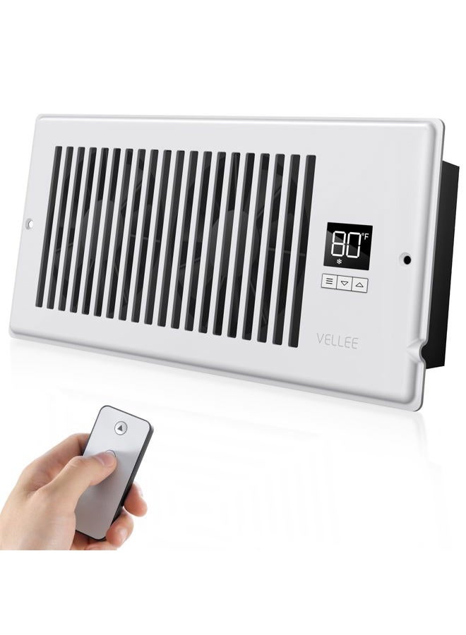 VELLEE Quiet Register Booster Fan Fits 4" x 10" (DUCT OPENING CUTOUT), 10-Speed Smart Heating Cooling AC Vent Booster Fan w/Remote Control & Thermostat Control (Vertical Grille - White) - Corded - Image 1