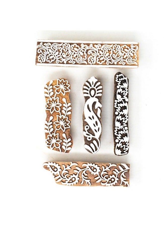 Hashcart Wooden Indian Traditional Design Printing Stamps / Blocks For Printing Saree Border | Set Of 5 | Dresses / Craft Card Making / Scrapbook / Clay Pottery  - Image 2