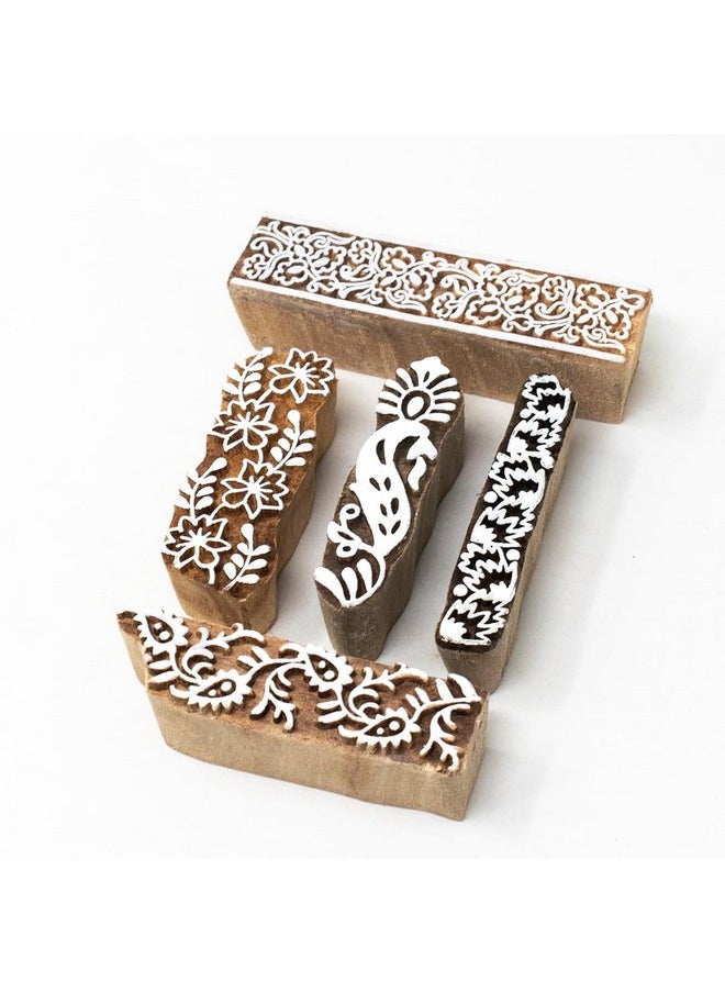 Hashcart Wooden Indian Traditional Design Printing Stamps / Blocks For Printing Saree Border | Set Of 5 | Dresses / Craft Card Making / Scrapbook / Clay Pottery  - Image 1