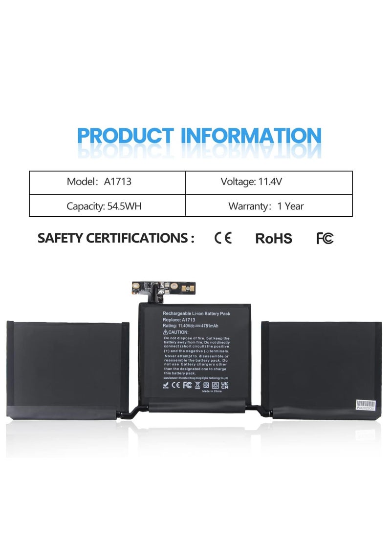 Generic A1713 13-inch Laptop Battery, Compatible with Models A1708 (2016-2017), EMC 2978, 3164, A2171, A2159 (2019), A2289 (2020), A2338, 4781mAh - 54.5Wh - 11.2V  - Image 1
