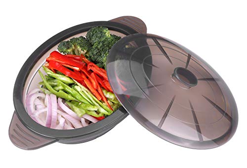 EuChoiz Microwave Steamer Cooker Collapsible Bowl-Silicone Steamer Cookware with Handle Lid for Vegetables Fish Prep Meal Food with Removable Rack BPA Free, Easy to Store, Freezer & Dishwasher Safe, Black - Image 1