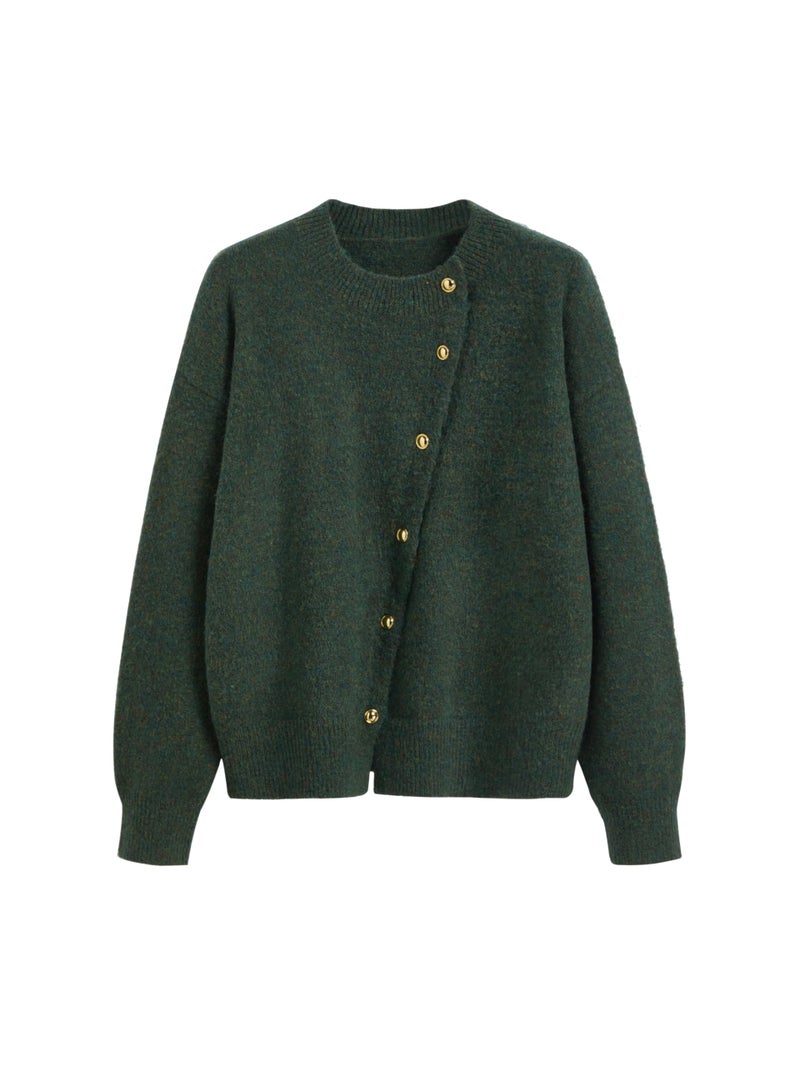 CIDER Womens Wool Blend Knit Cardigan Trendy Crew Neck Button Down Long Sleeve Cozy Fall Fashion Sweater Loose Fit Wool Top Dark Green - Image 1