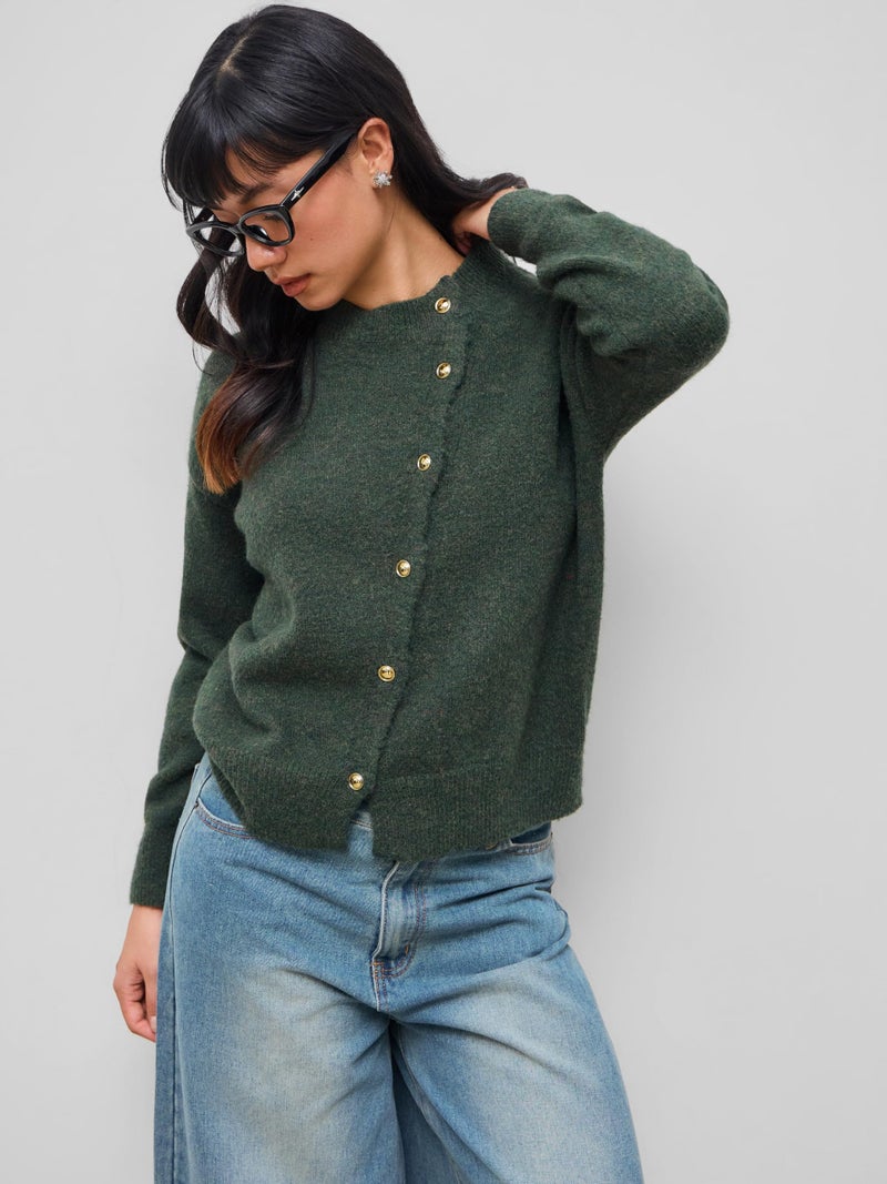 CIDER Womens Wool Blend Knit Cardigan Trendy Crew Neck Button Down Long Sleeve Cozy Fall Fashion Sweater Loose Fit Wool Top Dark Green - Image 2