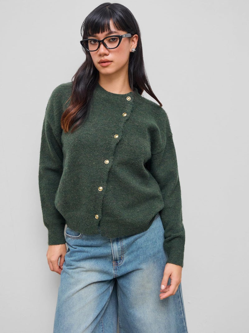 CIDER Womens Wool Blend Knit Cardigan Trendy Crew Neck Button Down Long Sleeve Cozy Fall Fashion Sweater Loose Fit Wool Top Dark Green - Image 3
