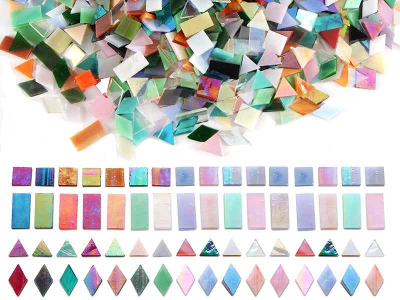 Lanyani Iridescent Glass Mosaic Tiles Bulk, 4-Shapes 700 Pieces Sparkle Iridized Stained Glass Tile for Mosaic Crafts - Image 2